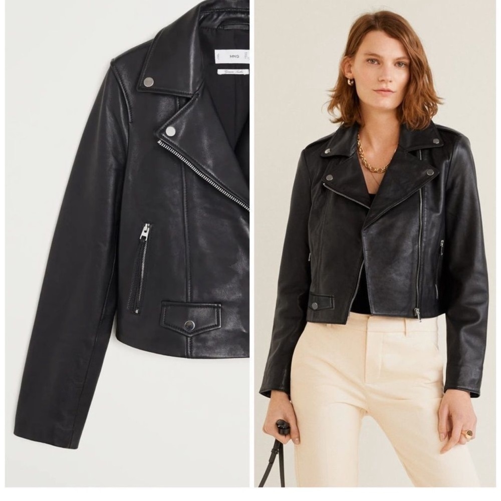 Mango Genuine Leather Biker Jacket in Black